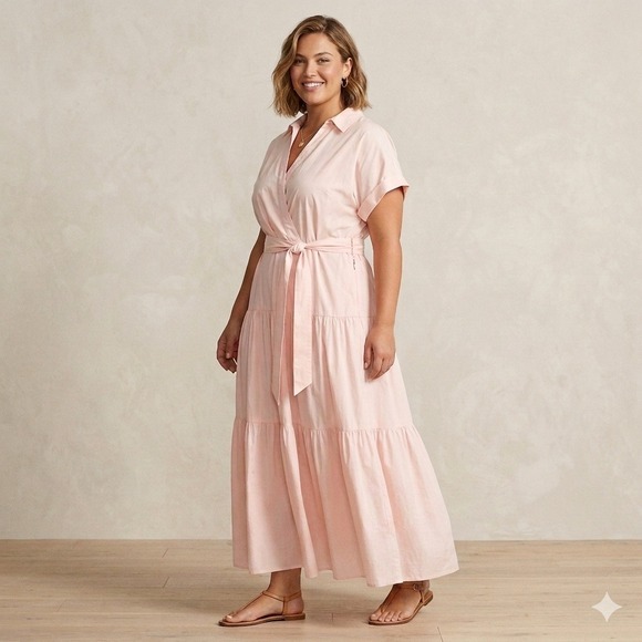 Lauren Ralph Lauren Dresses & Skirts - Lauren Ralph Lauren Dress Womens 16 Pink Short Sleeve Tiered Surplice Midi NEW